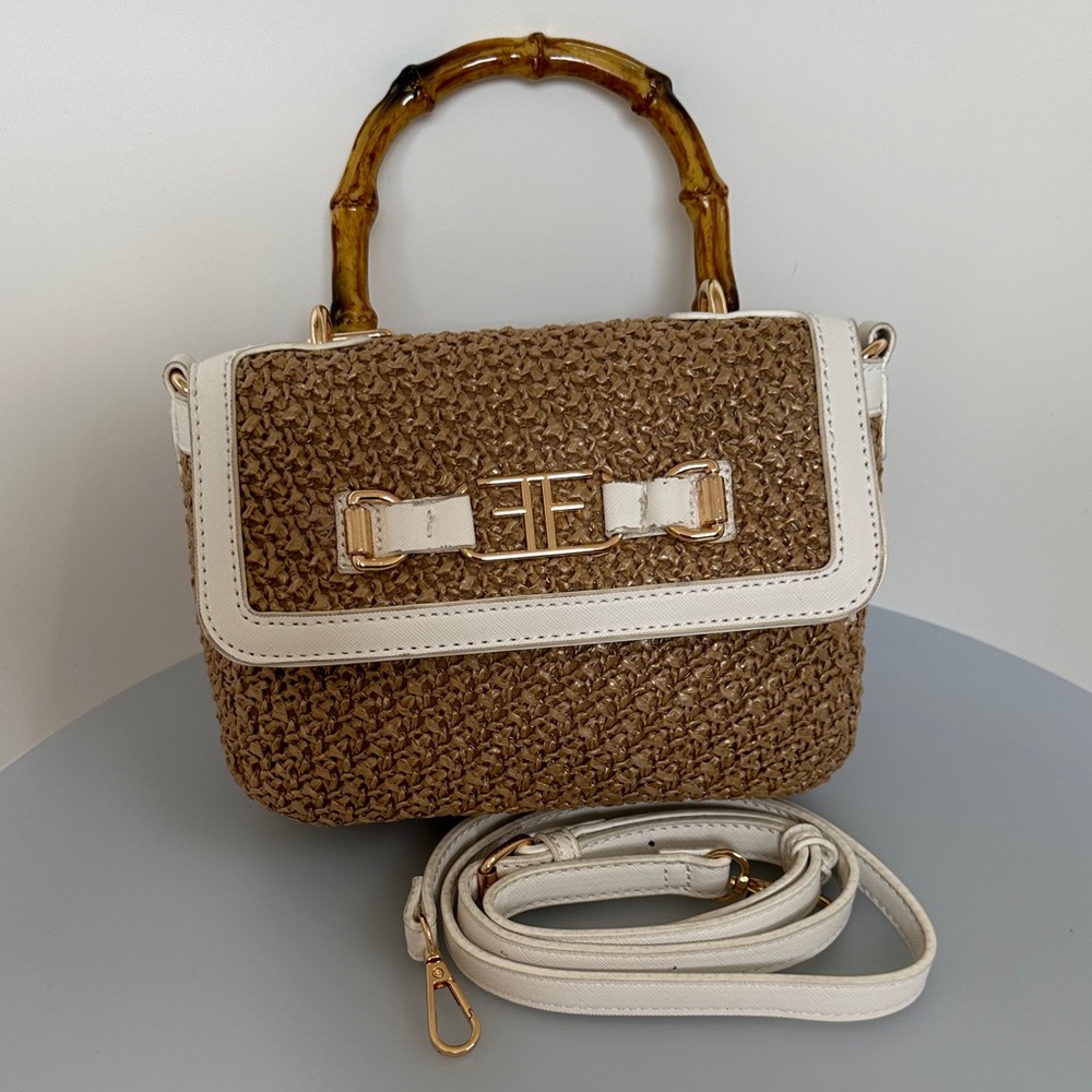 Studio F Chic Tan and White Satchel with Bamboo Handle - Picture 8 of 10